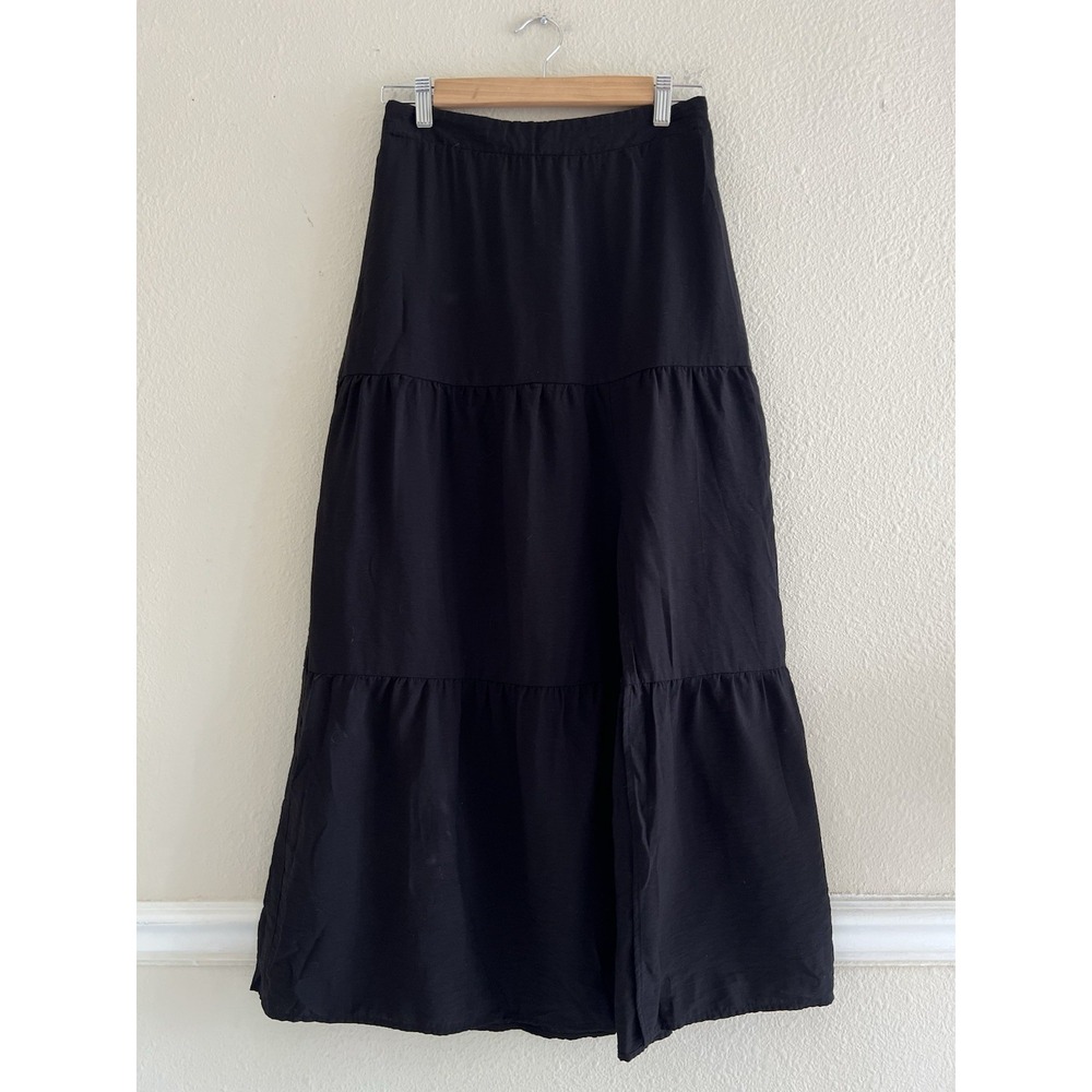 Nine West Womens XS Black Tiered Maxi Skirt Slit Casual Chic Contemporary